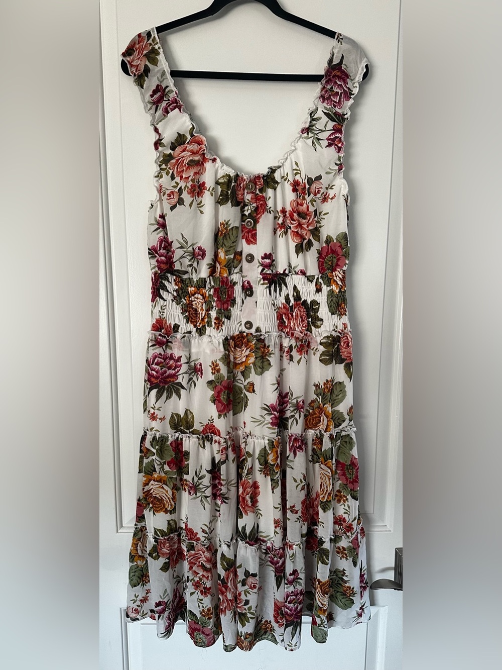 Lapis Cream Floral Button-Front Tiered Maxi Skirt